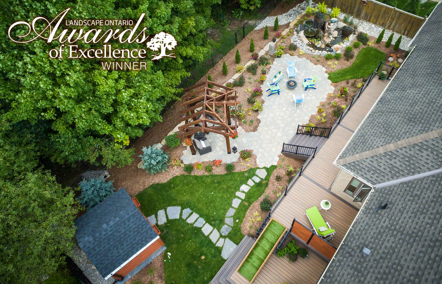 Water feature patio deck landscaping pergola