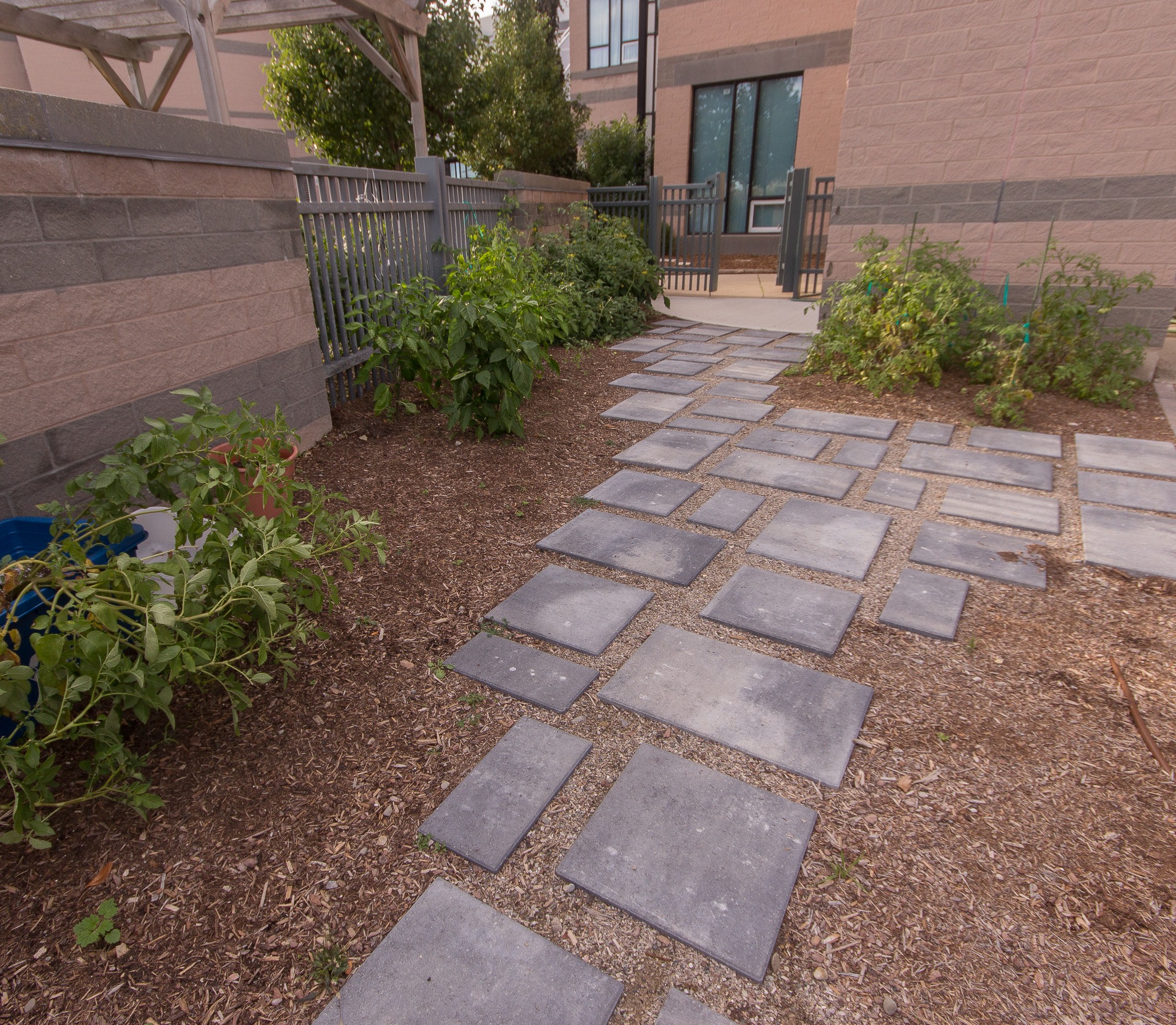 A garden path with square stone slabs, surrounded by plants. Adjacent building features brick walls and windows. No recognizable landmarks visible.