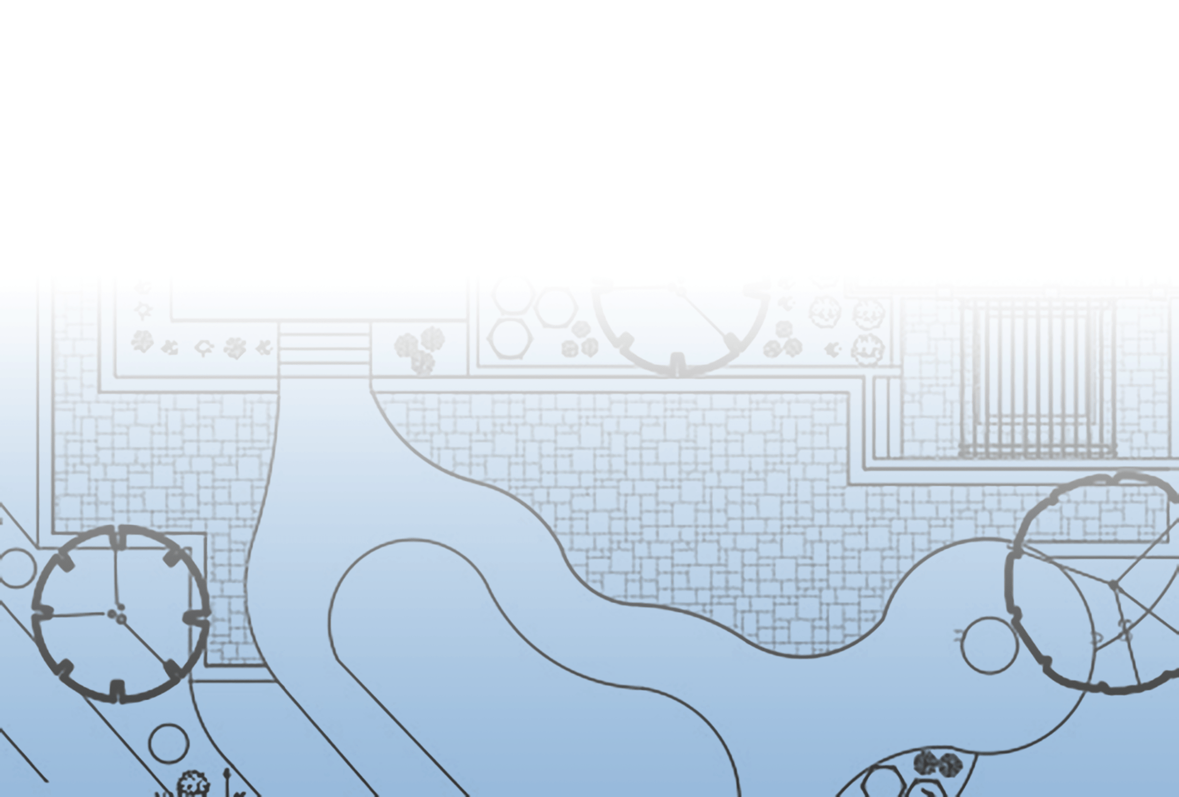 Architectural blueprint featuring a garden design, pathways, and geometric patterns with minimalistic landscaping symbols and decorative elements. Aesthetic is clean and modern.