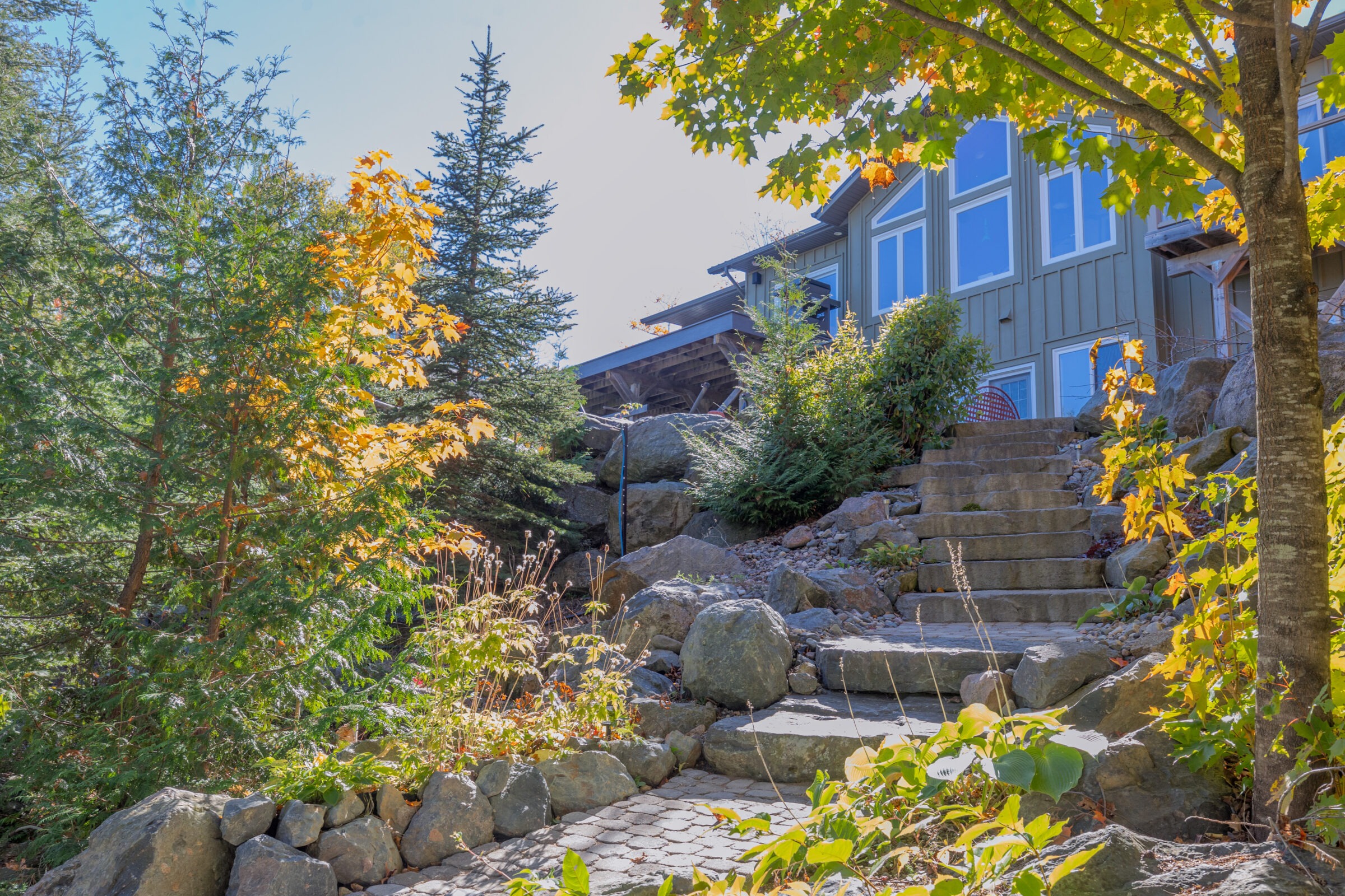 A house surrounded by vibrant autumn foliage, with stone steps and natural landscaping leading to the entrance, bathed in sunlight.