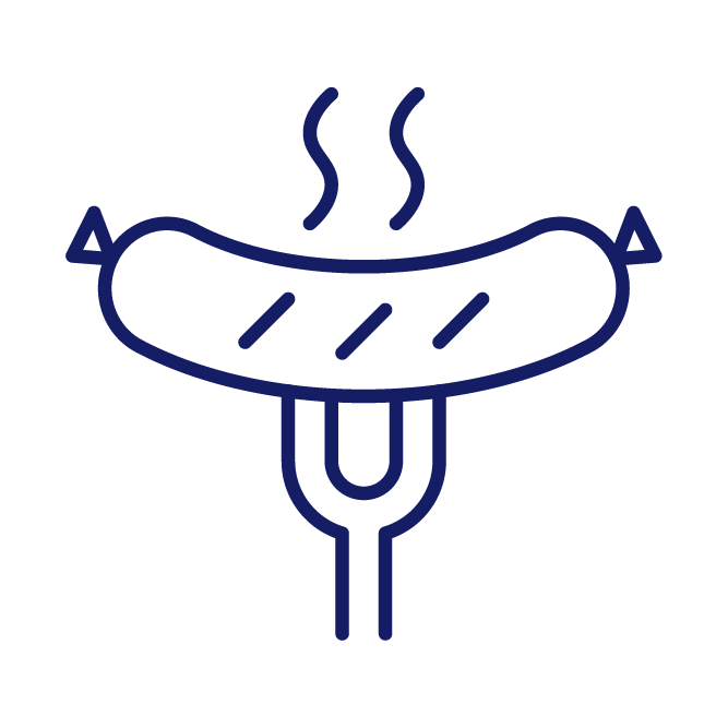 Simple line illustration of a steaming sausage on a fork, depicted with a minimalist design and blue outlines.