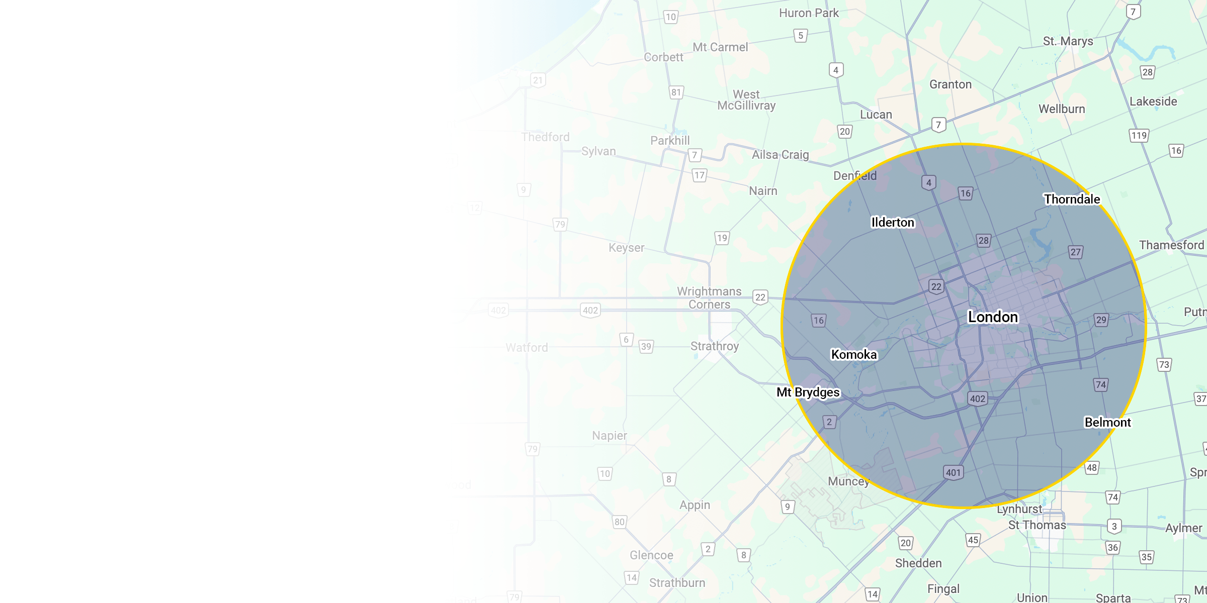 Map featuring London, Ontario and surrounding areas including Thorndale, Komoka, and Belmont, with highlighted region in blue and yellow boundary.