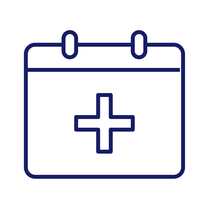 A simple blue outline of a calendar icon featuring a plus sign in the center, indicating an event or appointment.