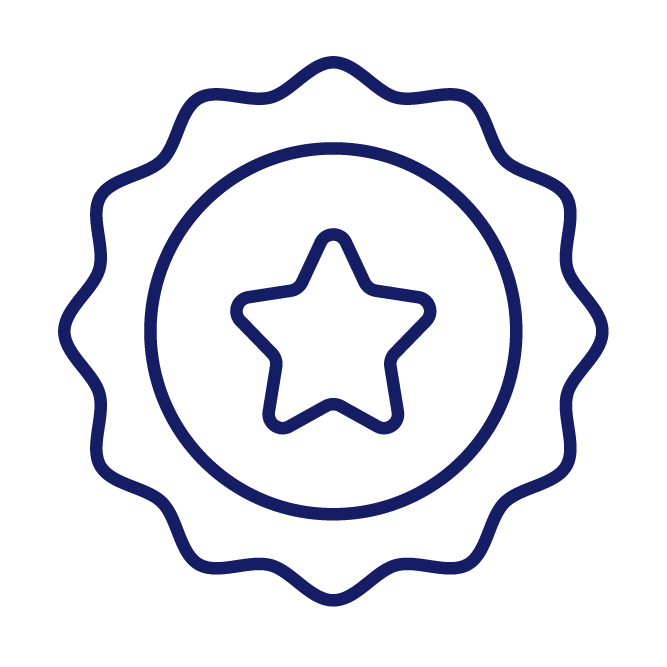 A blue outline of a star centered within a circular emblem, symbolizing achievement or quality on a plain white background.