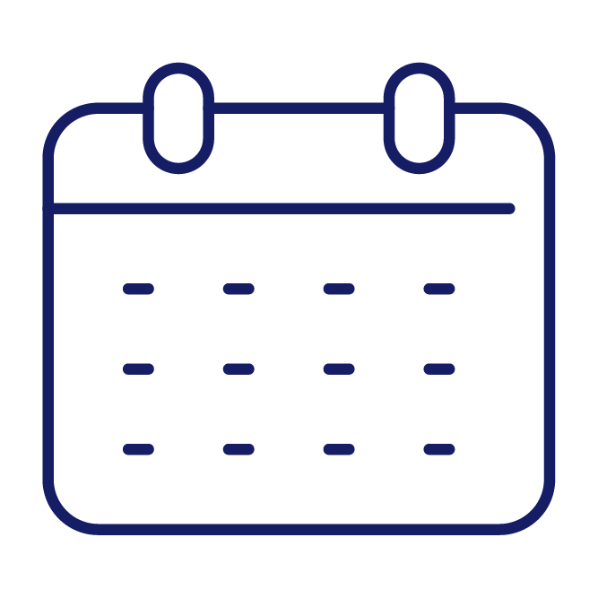 This is an icon of a calendar with a simplistic design, featuring multiple dots representing days within a boxed outline.