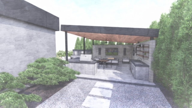 Modern outdoor kitchen with minimalist design, featuring a pergola, seating area, and grill. Surrounded by lush greenery and stone pavement.